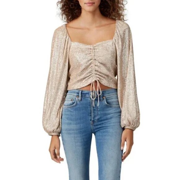 Jonathan Simkhai Luxe Champagne Sequin Ruched Long Puff Sleeve Sweetheart Top -S - Picture 1 of 9